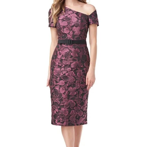 Kay Unger Black/ Cerise Alana Floral One Shoulder Belted Midi Dress - Picture 1 of 4
